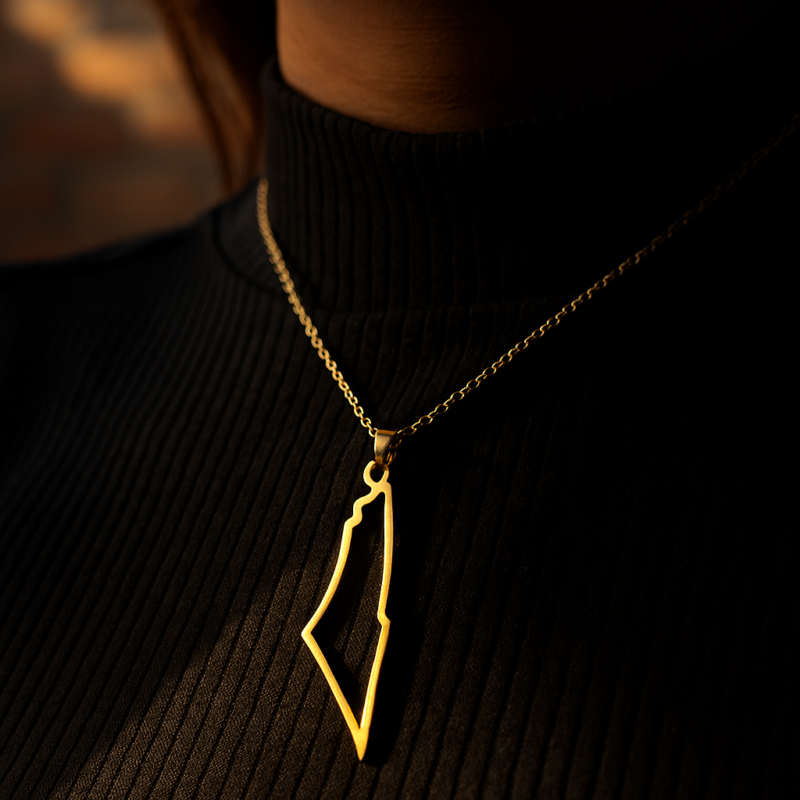 20250722_0736_SunlitPendantFocus_remix_01k0qekhjef7wv8qb2qtyc1zjh Collier Palestine carte contour – en acier inoxydable