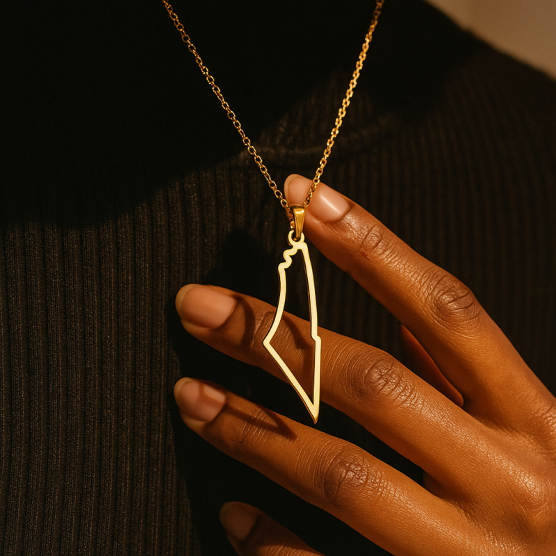 20250722_0754_PendantinSunlight_remix_01k0qfkp43ekpavr4h0ztwfz54 Collier Palestine carte contour – en acier inoxydable