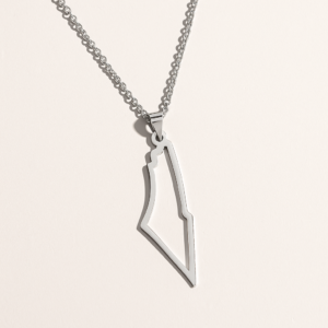 20250722_0804_SilverNecklaceSilhouette_remix_01k0qg5behfq8vbz4ay6fhc0d4 Collier Palestine carte contour – en acier inoxydable