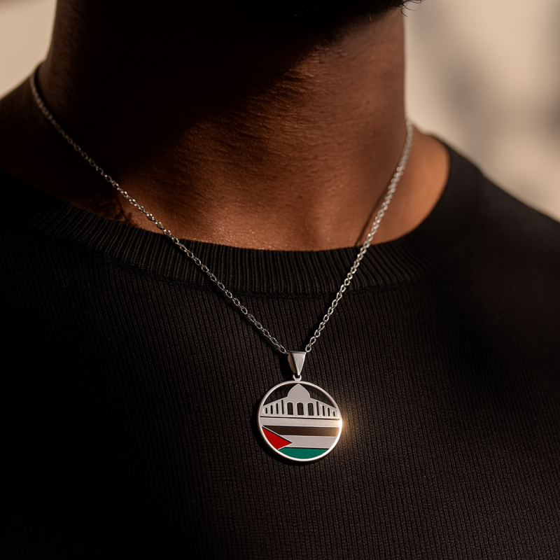 Collier Mosquée Palestine pendentif rond – en acier inoxydable