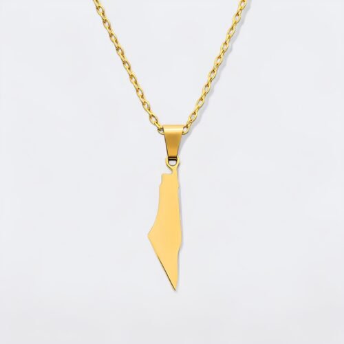 Collier carte de la Palestine en acier inoxydable doré 18K sur fond neutre, symbole de soutien engagé.