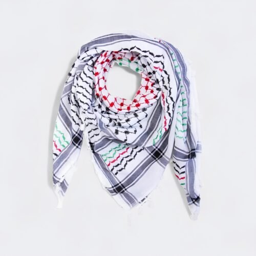 Foulard palestinien en coton posé à plat, motifs noirs, rouges et verts