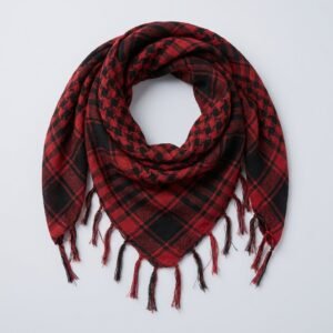 Foulard Keffieh en Coton noir et rouge avec motifs à carreaux et franges, idéal pour une touche chic et décontractée.