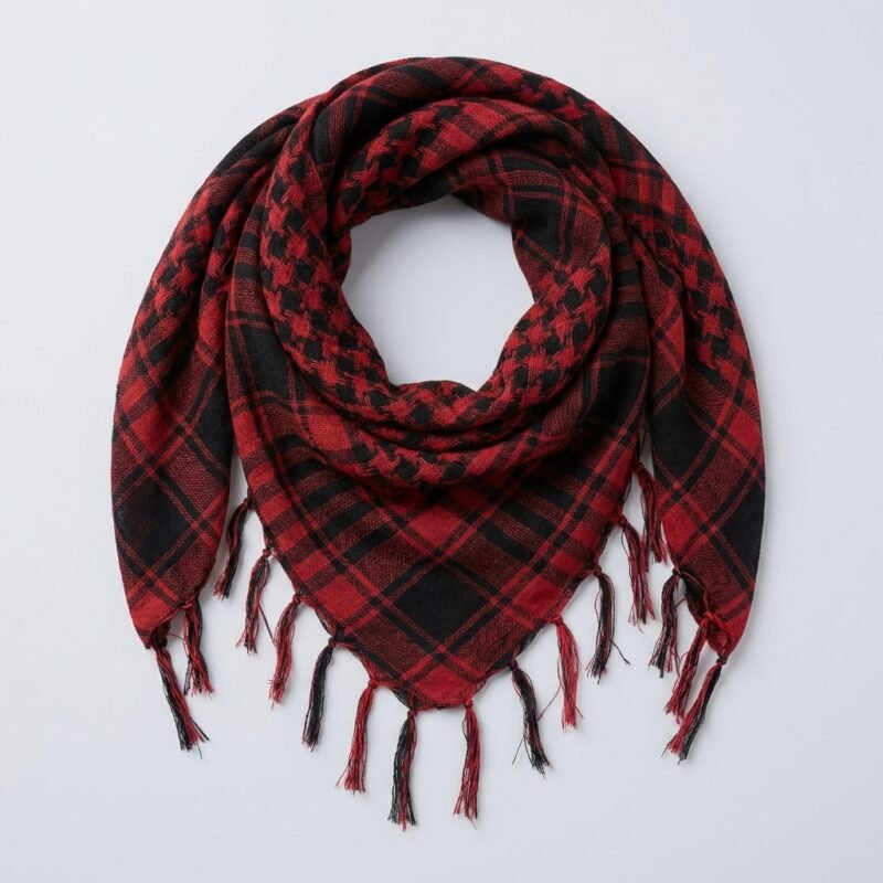Foulard Keffieh en Coton noir et rouge avec motifs à carreaux et franges, idéal pour une touche chic et décontractée.