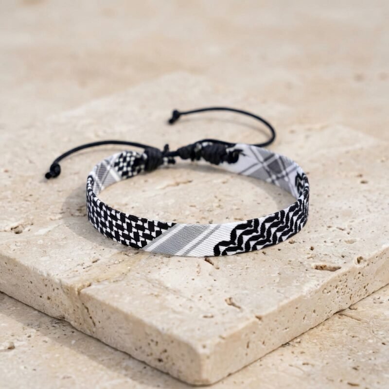 Bracelet Keffieh en Tissu Premium produit seul sur modèle ou en mise en scène produit premium