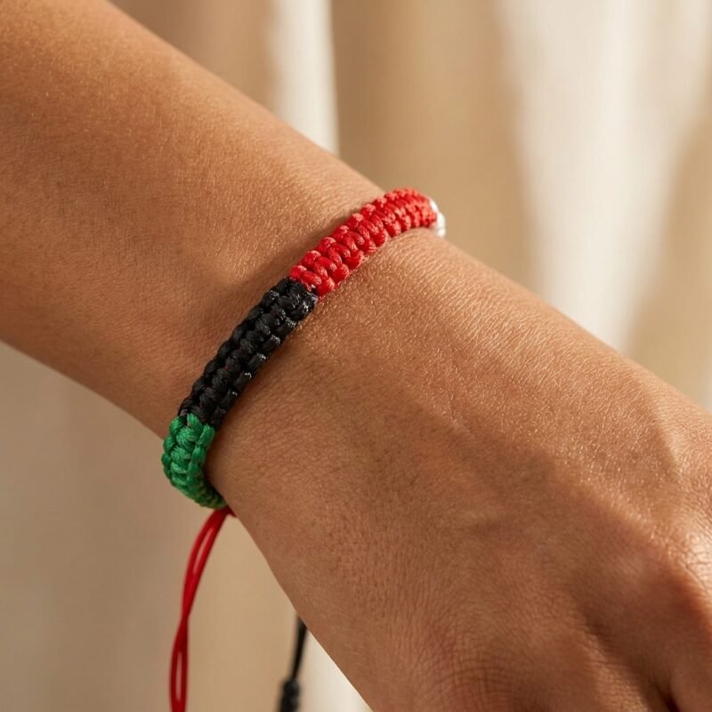 Bracelet solidarité Palestine en nylon résistant macro détail sur modèle ou en mise en scène produit premium