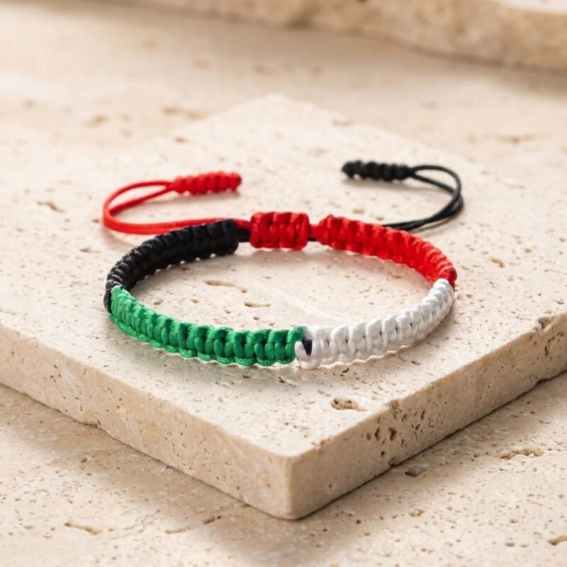 Bracelet solidarité Palestine en nylon résistant produit seul sur modèle ou en mise en scène produit premium