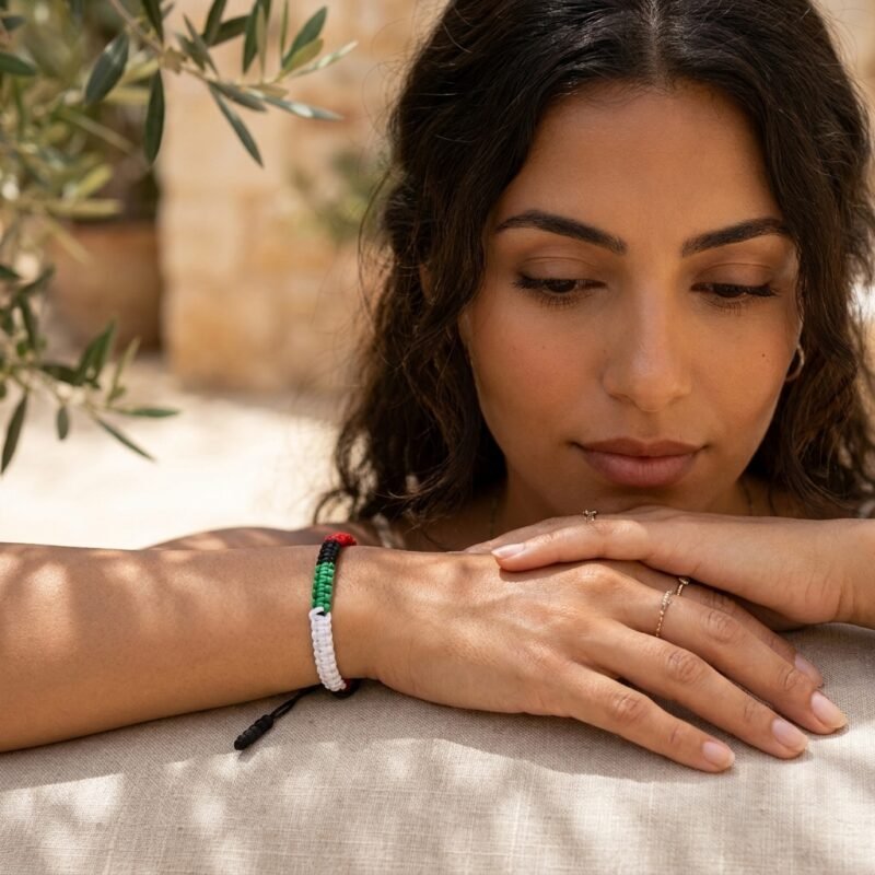 Bracelet solidarité Palestine en nylon résistant lifestyle sur modèle ou en mise en scène produit premium