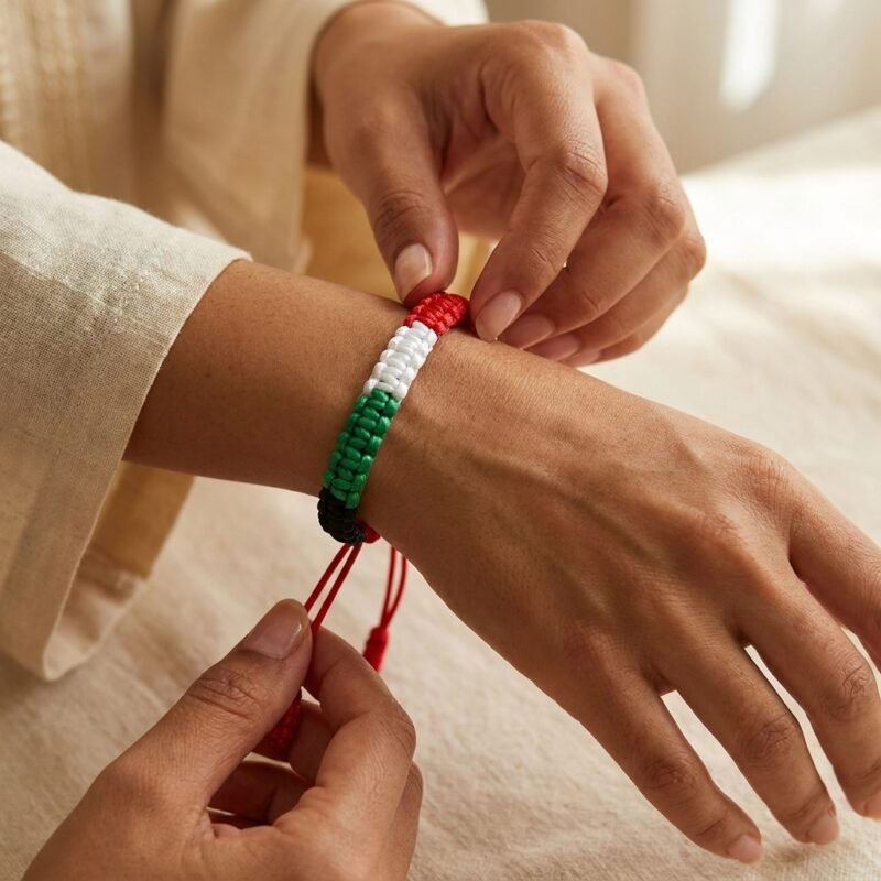 Bracelet solidarité Palestine en nylon résistant image émotionnelle sur modèle ou en mise en scène produit premium