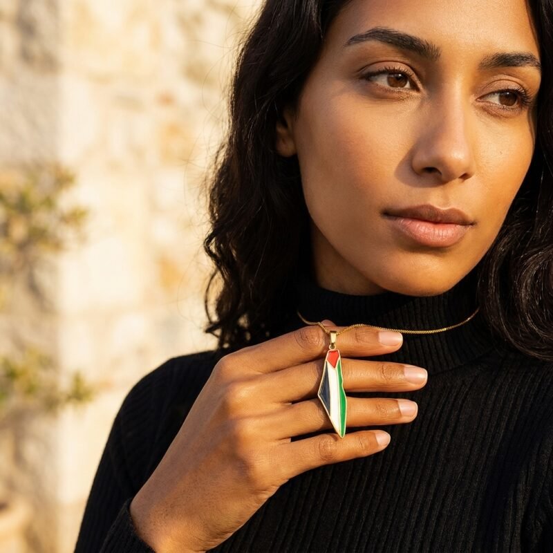 Collier Palestine pendentif carte lifestyle sur modèle ou en mise en scène produit premium