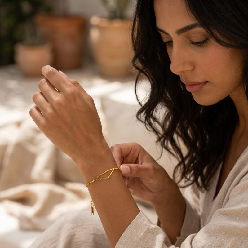 Bracelet Palestine Doré en Acier Inoxydable ajusté au poignet dans une scène émotionnelle élégante