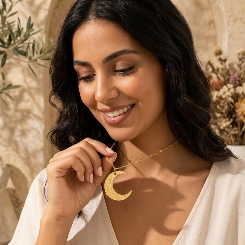 Collier Pendentif Lune Gravée lifestyle sur modèle ou en mise en scène produit premium