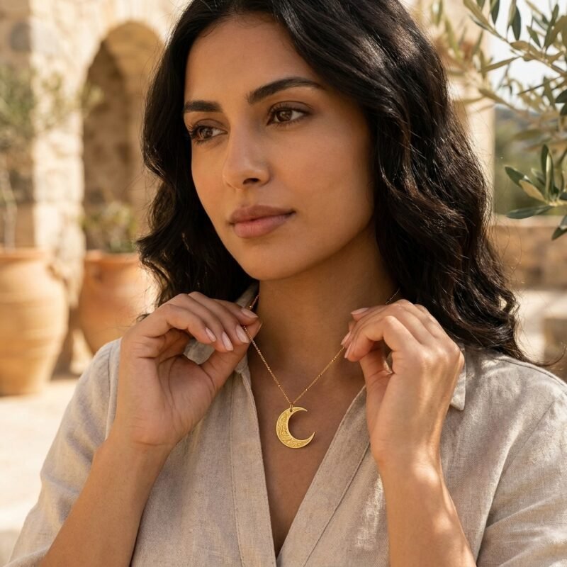 Collier Pendentif Lune Gravée image émotionnelle sur modèle ou en mise en scène produit premium