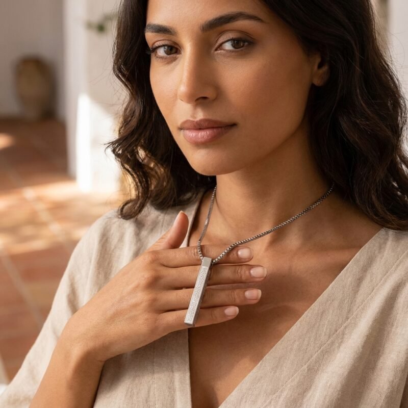 Collier Hexagonal Gravé Symboles lifestyle sur modèle ou en mise en scène produit premium