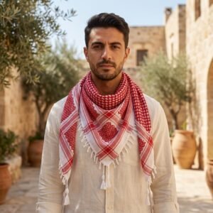 Keffieh Traditionnel Coton Rouge et Blanc - Symbole de Résistance