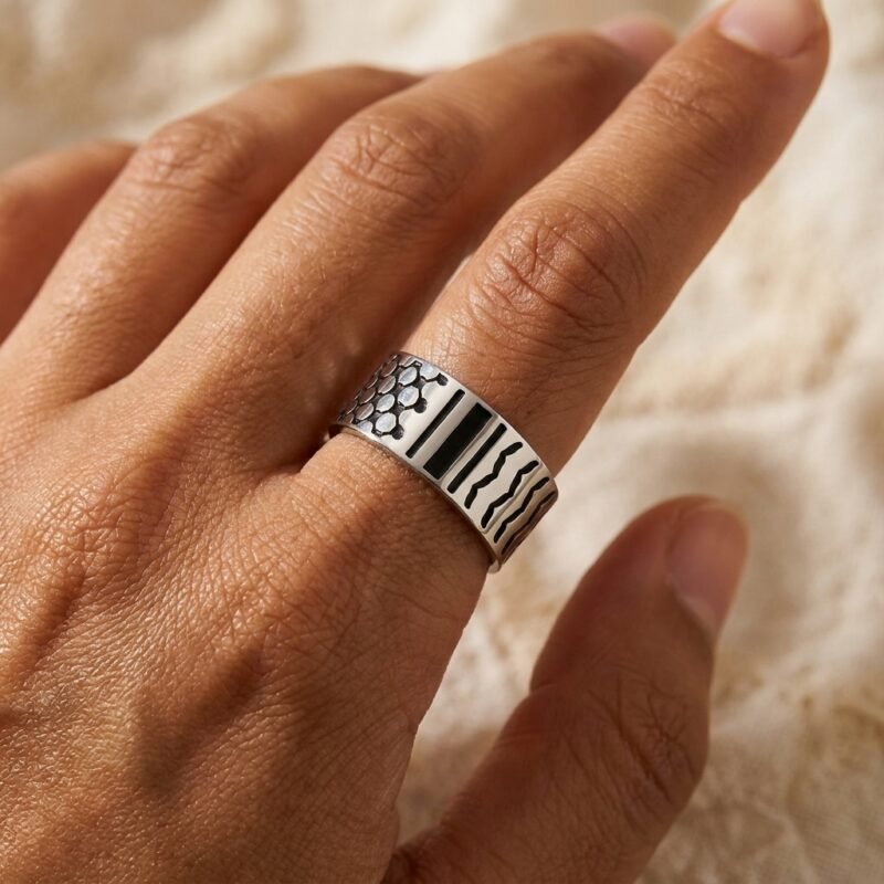 Bague Palestine motif keffieh ajustable macro détail bague Esprit Palestine