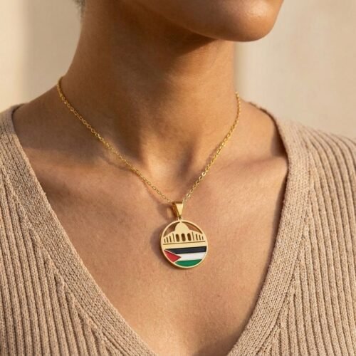 Collier Mosquée Palestine pendentif rond - en acier inoxydable