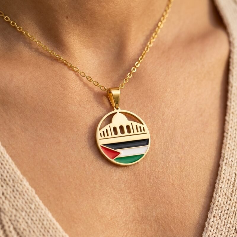 Collier Mosquée Palestine pendentif rond - en acier inoxydable
