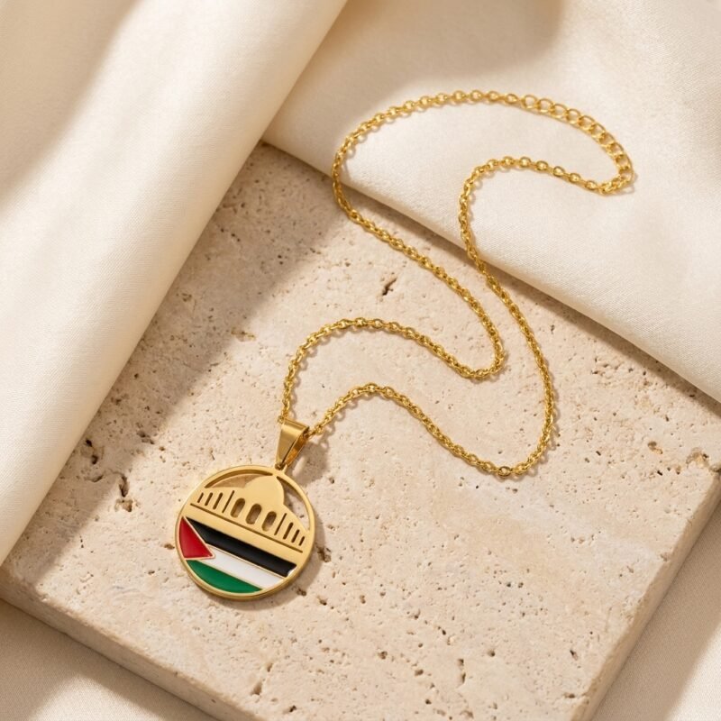 Collier Mosquée Palestine pendentif rond - en acier inoxydable