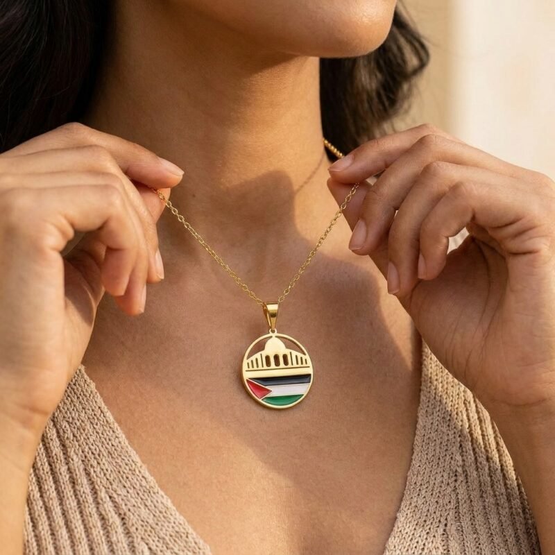 Collier Mosquée Palestine pendentif rond - en acier inoxydable
