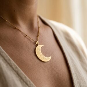 Collier Pendentif Lune Gravée macro détail collier Esprit Palestine