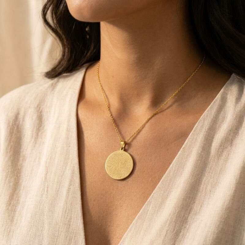 Collier Ayat Al Kursi pendentif rond gravé - en acier inoxydable