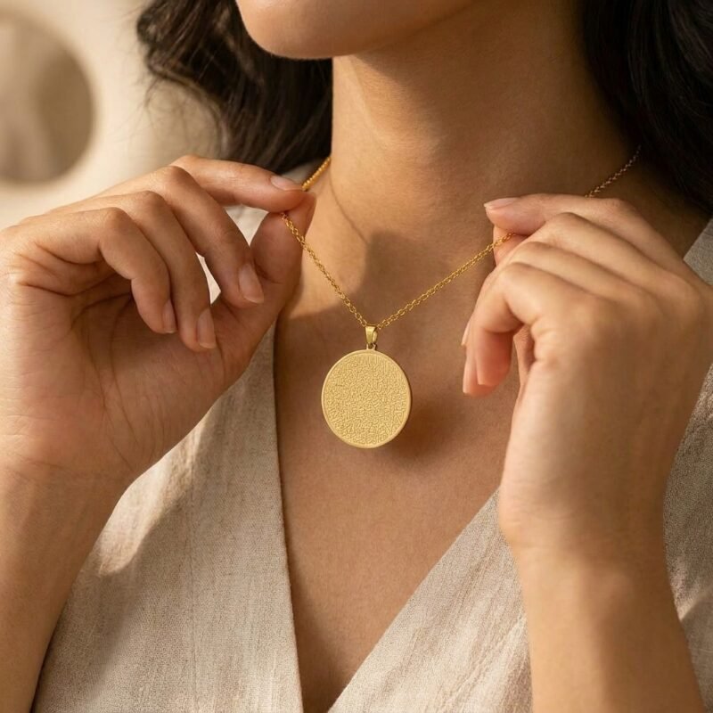 Collier Ayat Al Kursi pendentif rond gravé - en acier inoxydable